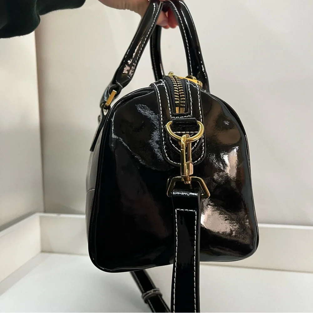 ISAAC MIZRAHI Black Patent Flower Boston Bag Satchel Tote